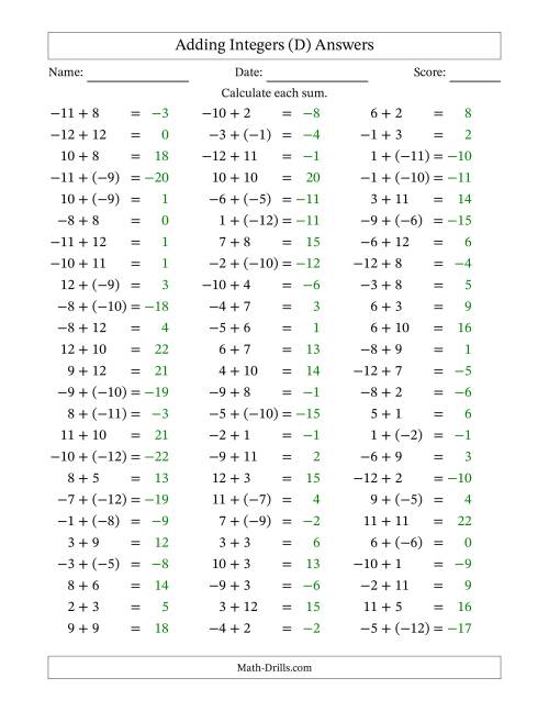 The Adding Mixed Integers from -12 to 12 (75 Questions) (D) Math Worksheet Page 2