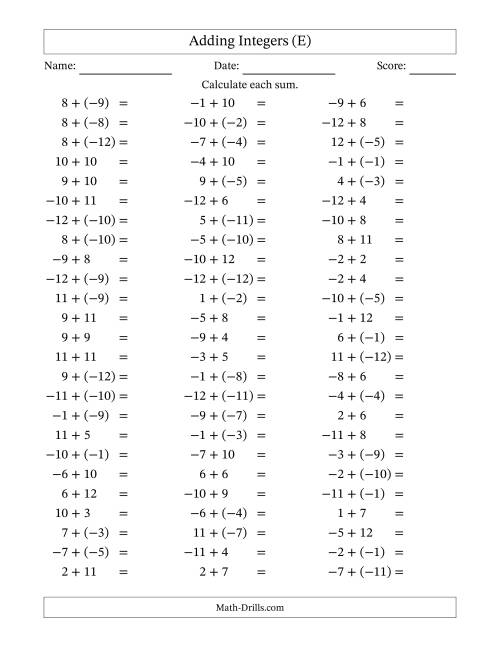 The Adding Mixed Integers from -12 to 12 (75 Questions) (E) Math Worksheet