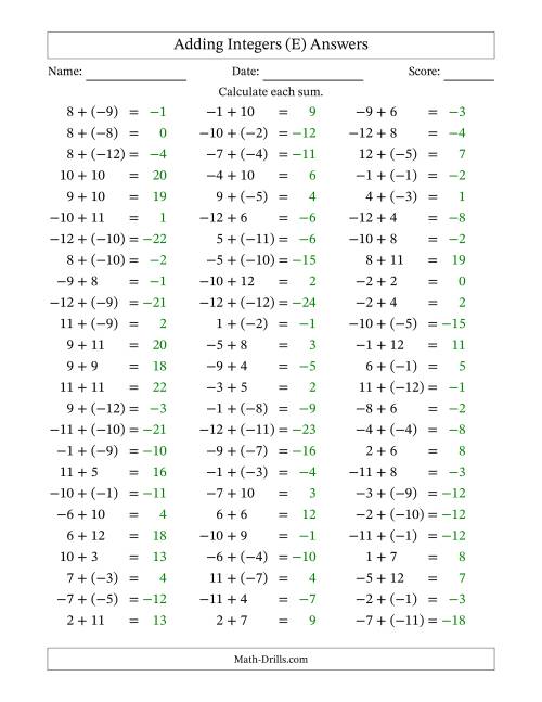 The Adding Mixed Integers from -12 to 12 (75 Questions) (E) Math Worksheet Page 2