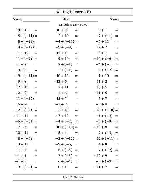 The Adding Mixed Integers from -12 to 12 (75 Questions) (F) Math Worksheet