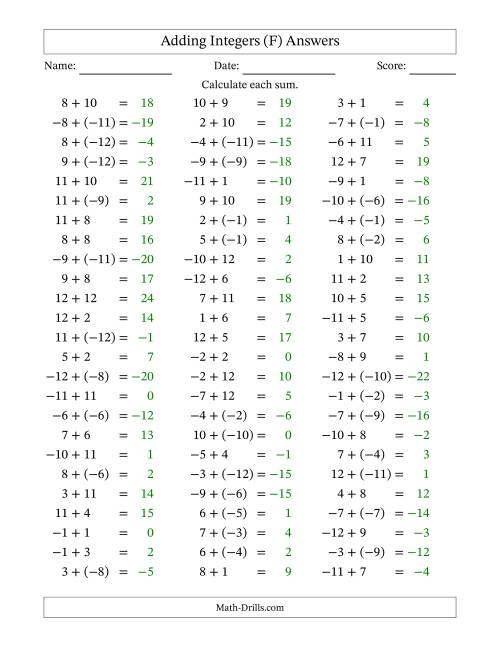 The Adding Mixed Integers from -12 to 12 (75 Questions) (F) Math Worksheet Page 2