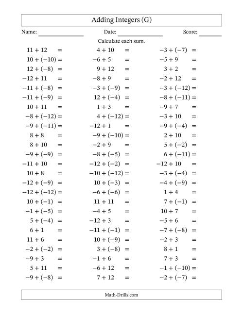 The Adding Mixed Integers from -12 to 12 (75 Questions) (G) Math Worksheet
