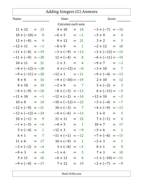 The Adding Mixed Integers from -12 to 12 (75 Questions) (G) Math Worksheet Page 2