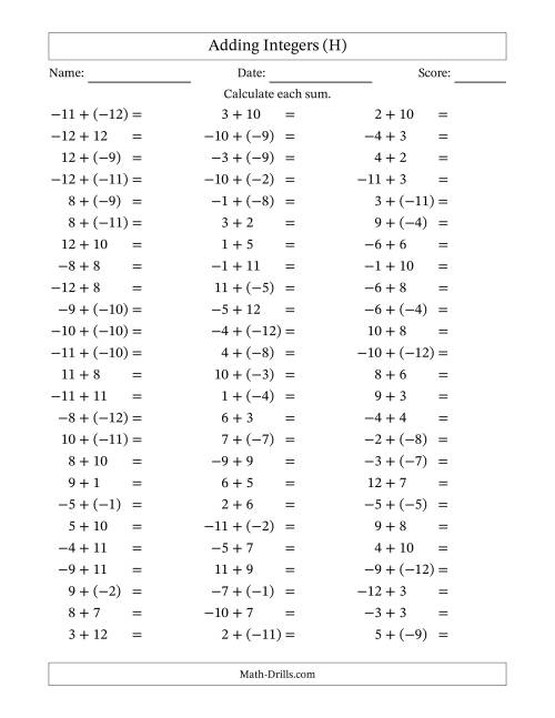 The Adding Mixed Integers from -12 to 12 (75 Questions) (H) Math Worksheet