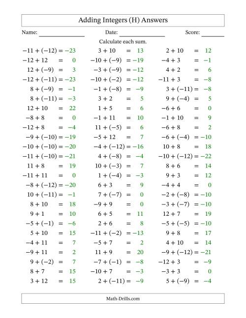 The Adding Mixed Integers from -12 to 12 (75 Questions) (H) Math Worksheet Page 2