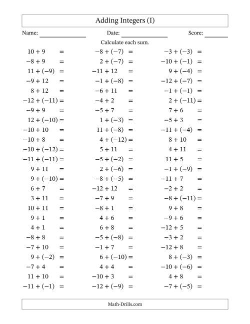 The Adding Mixed Integers from -12 to 12 (75 Questions) (I) Math Worksheet