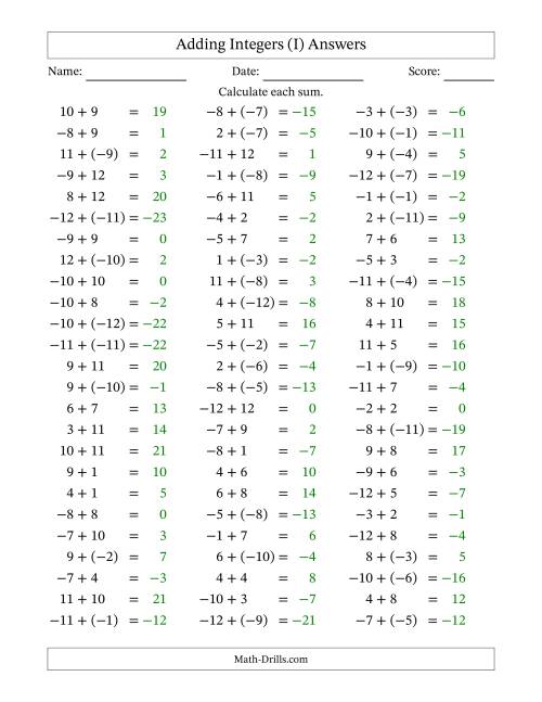 The Adding Mixed Integers from -12 to 12 (75 Questions) (I) Math Worksheet Page 2