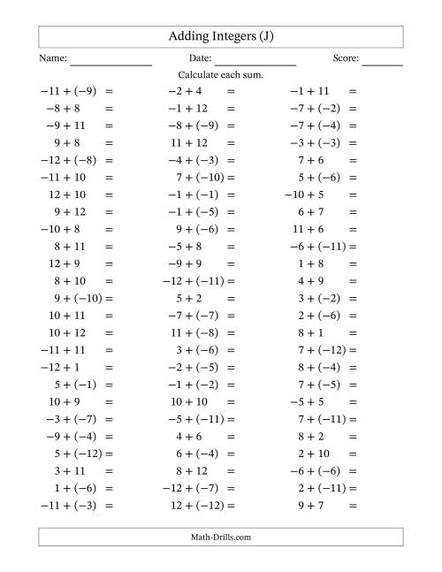 The Adding Mixed Integers from -12 to 12 (75 Questions) (J) Math Worksheet