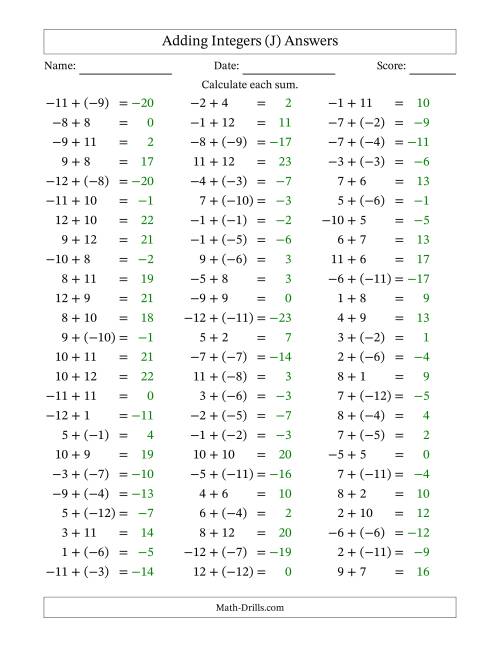 The Adding Mixed Integers from -12 to 12 (75 Questions) (J) Math Worksheet Page 2