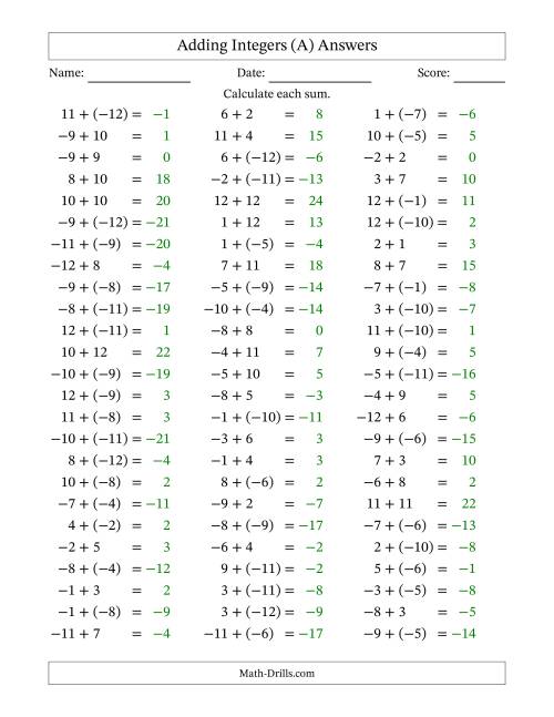 The Adding Mixed Integers from -12 to 12 (75 Questions) (All) Math Worksheet Page 2