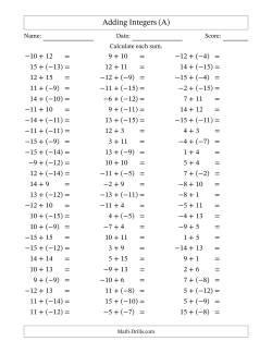 Adding Mixed Integers from -15 to 15 (75 Questions)