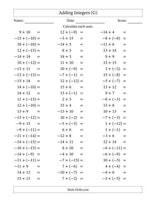 Adding Integers from (-15) to 15 (Negative Numbers in Parentheses) (G)