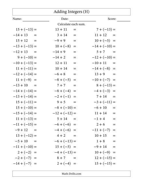 The Adding Mixed Integers from -15 to 15 (75 Questions) (H) Math Worksheet