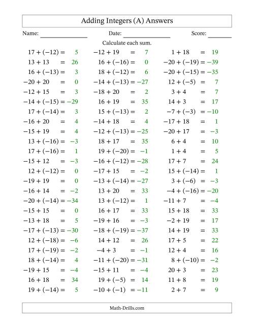 The Adding Mixed Integers from -20 to 20 (75 Questions) (A) Math Worksheet Page 2