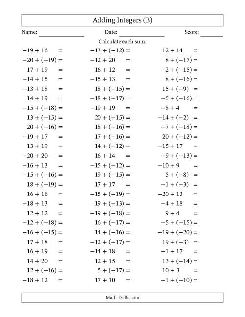 The Adding Mixed Integers from -20 to 20 (75 Questions) (B) Math Worksheet