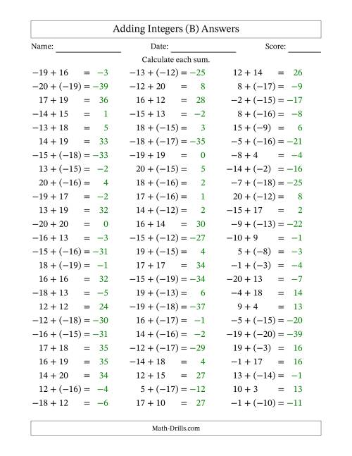 The Adding Mixed Integers from -20 to 20 (75 Questions) (B) Math Worksheet Page 2