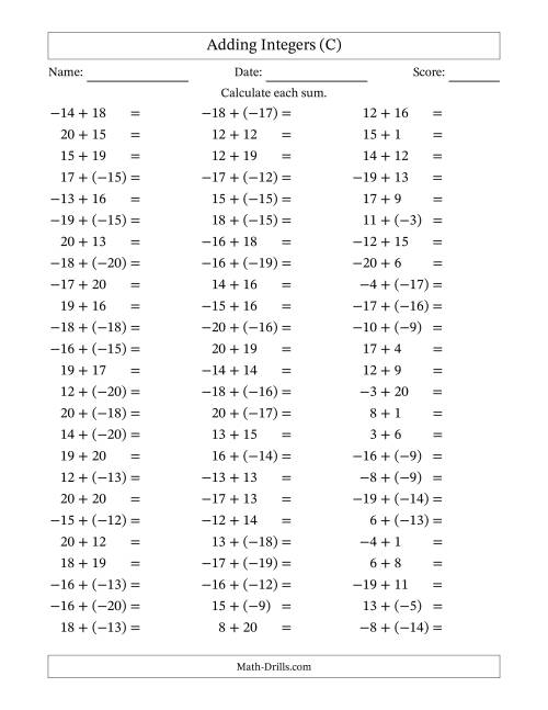The Adding Mixed Integers from -20 to 20 (75 Questions) (C) Math Worksheet