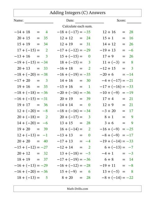 The Adding Mixed Integers from -20 to 20 (75 Questions) (C) Math Worksheet Page 2