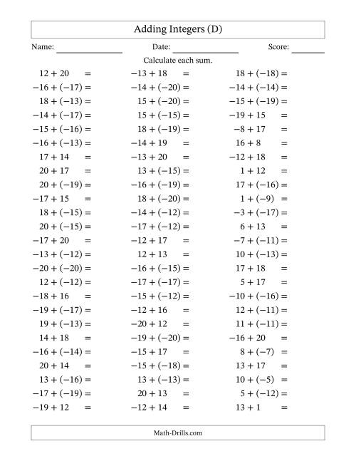 The Adding Mixed Integers from -20 to 20 (75 Questions) (D) Math Worksheet