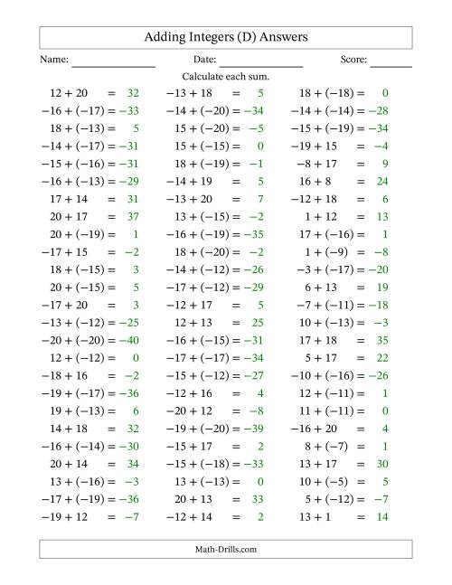 The Adding Mixed Integers from -20 to 20 (75 Questions) (D) Math Worksheet Page 2