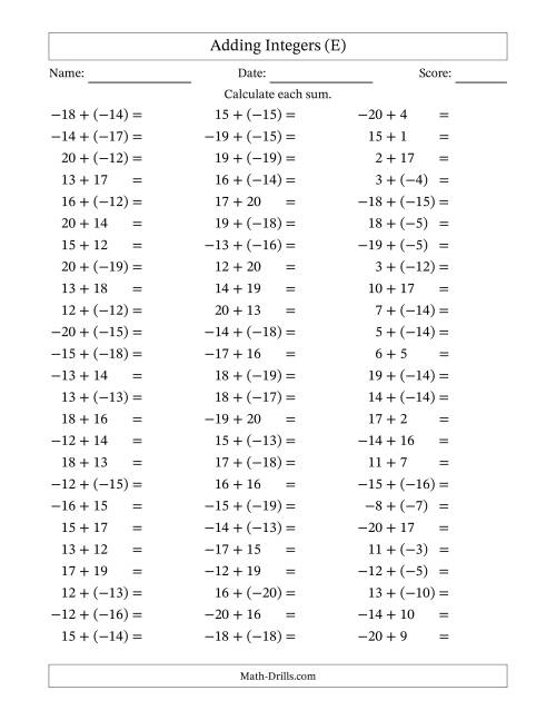 The Adding Mixed Integers from -20 to 20 (75 Questions) (E) Math Worksheet