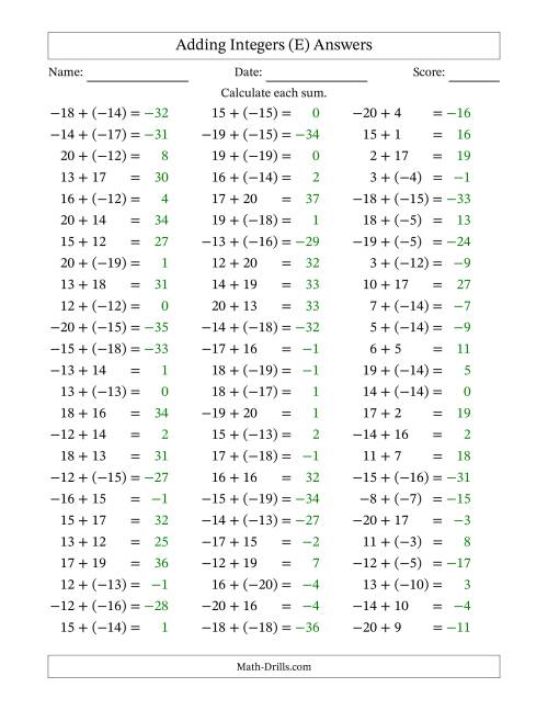The Adding Mixed Integers from -20 to 20 (75 Questions) (E) Math Worksheet Page 2
