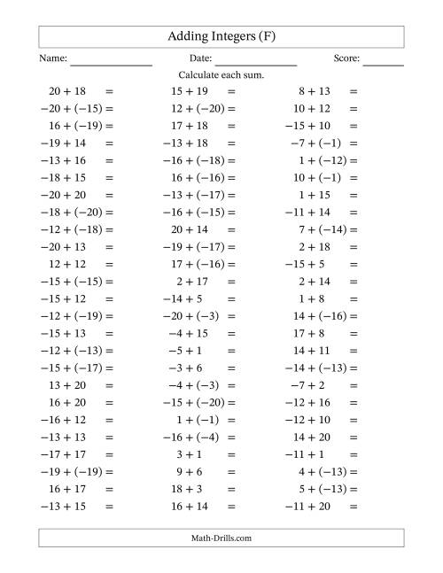 The Adding Mixed Integers from -20 to 20 (75 Questions) (F) Math Worksheet