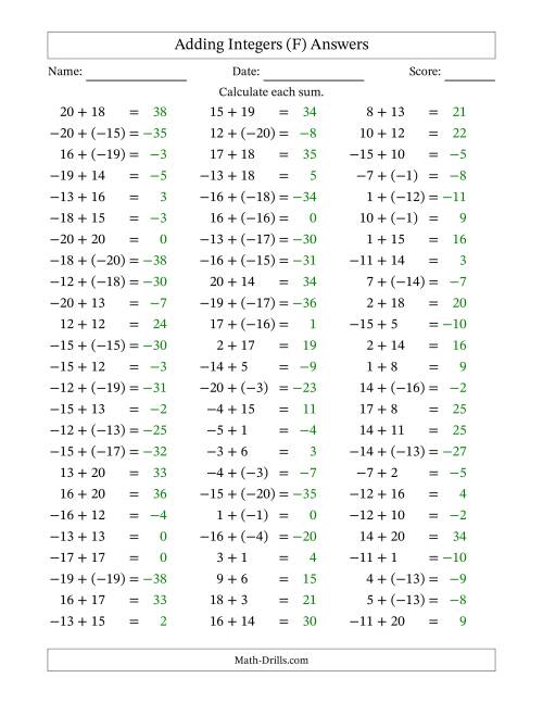 The Adding Mixed Integers from -20 to 20 (75 Questions) (F) Math Worksheet Page 2