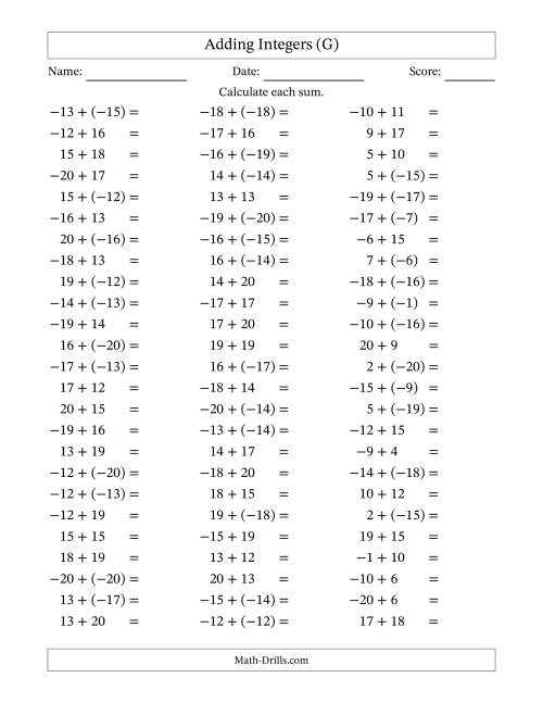 The Adding Mixed Integers from -20 to 20 (75 Questions) (G) Math Worksheet