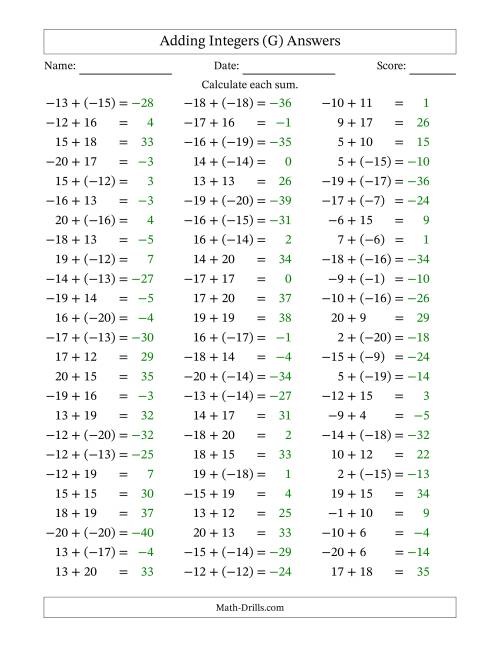 The Adding Mixed Integers from -20 to 20 (75 Questions) (G) Math Worksheet Page 2