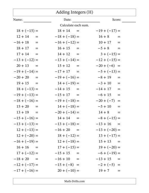The Adding Mixed Integers from -20 to 20 (75 Questions) (H) Math Worksheet