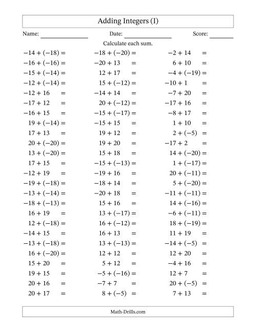 The Adding Mixed Integers from -20 to 20 (75 Questions) (I) Math Worksheet