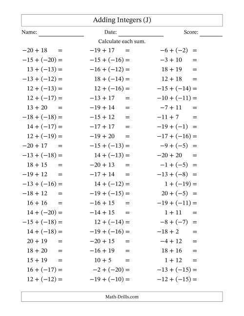 The Adding Mixed Integers from -20 to 20 (75 Questions) (J) Math Worksheet