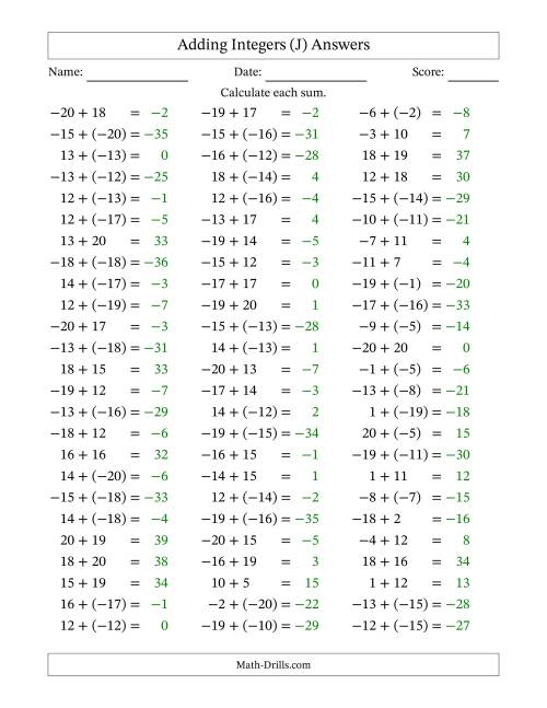 The Adding Mixed Integers from -20 to 20 (75 Questions) (J) Math Worksheet Page 2