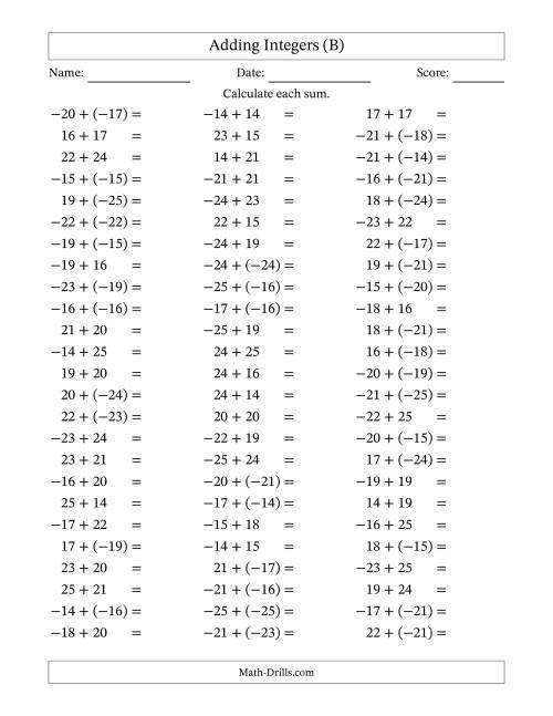 The Adding Mixed Integers from -25 to 25 (75 Questions) (B) Math Worksheet