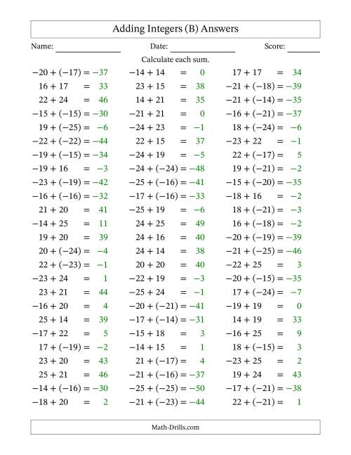 The Adding Mixed Integers from -25 to 25 (75 Questions) (B) Math Worksheet Page 2