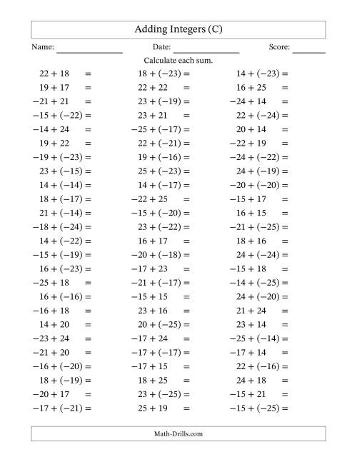 The Adding Mixed Integers from -25 to 25 (75 Questions) (C) Math Worksheet