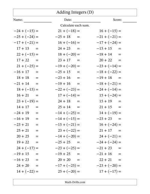The Adding Mixed Integers from -25 to 25 (75 Questions) (D) Math Worksheet