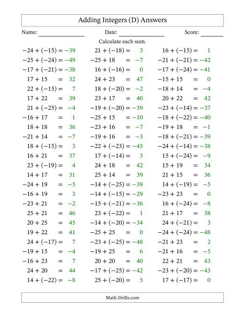 The Adding Mixed Integers from -25 to 25 (75 Questions) (D) Math Worksheet Page 2
