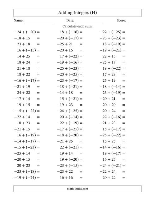 The Adding Mixed Integers from -25 to 25 (75 Questions) (H) Math Worksheet