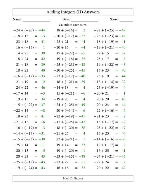 The Adding Mixed Integers from -25 to 25 (75 Questions) (H) Math Worksheet Page 2