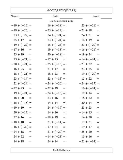 The Adding Mixed Integers from -25 to 25 (75 Questions) (J) Math Worksheet