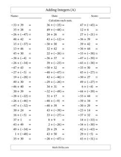 Adding Mixed Integers from -50 to 50 (75 Questions)