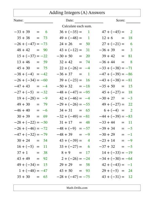 The Adding Mixed Integers from -50 to 50 (75 Questions) (A) Math Worksheet Page 2