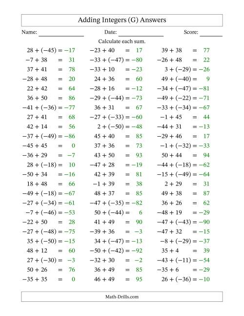 The Adding Mixed Integers from -50 to 50 (75 Questions) (G) Math Worksheet Page 2