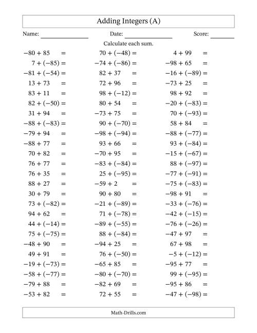 The Adding Mixed Integers from -99 to 99 (75 Questions) (A) Math Worksheet