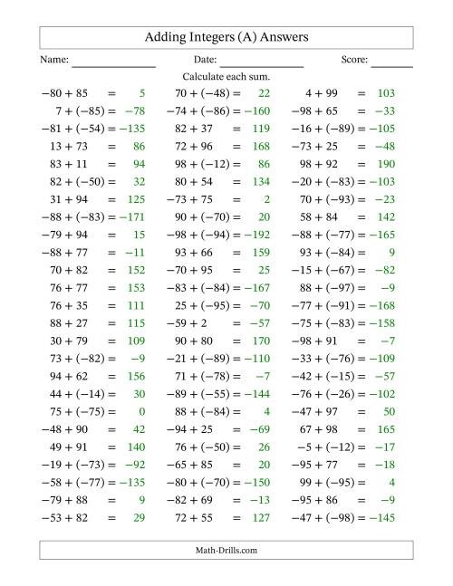 The Adding Mixed Integers from -99 to 99 (75 Questions) (A) Math Worksheet Page 2