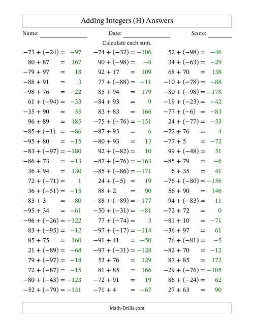 The Adding Mixed Integers from -99 to 99 (75 Questions) (H) Math Worksheet Page 2