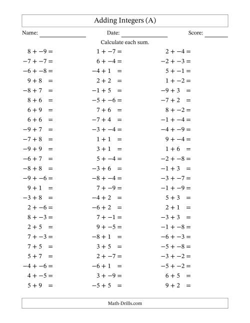 The Adding Mixed Integers from -9 to 9 (75 Questions; No Parentheses) (All) Math Worksheet