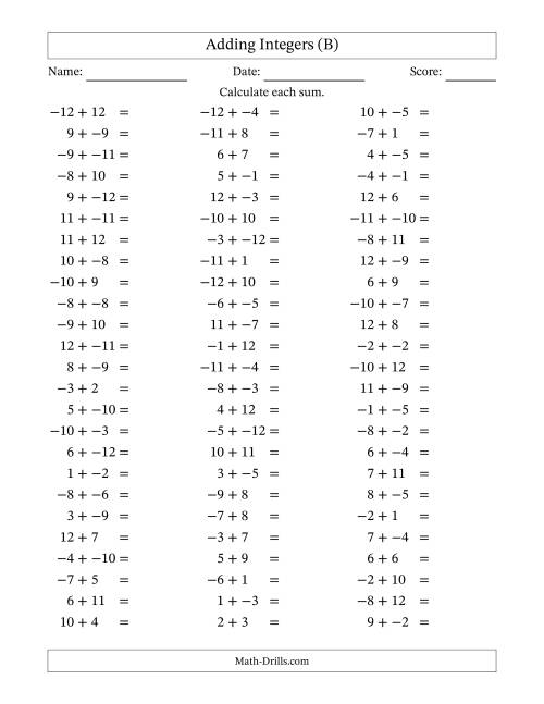 The Adding Mixed Integers from -12 to 12 (75 Questions; No Parentheses) (B) Math Worksheet
